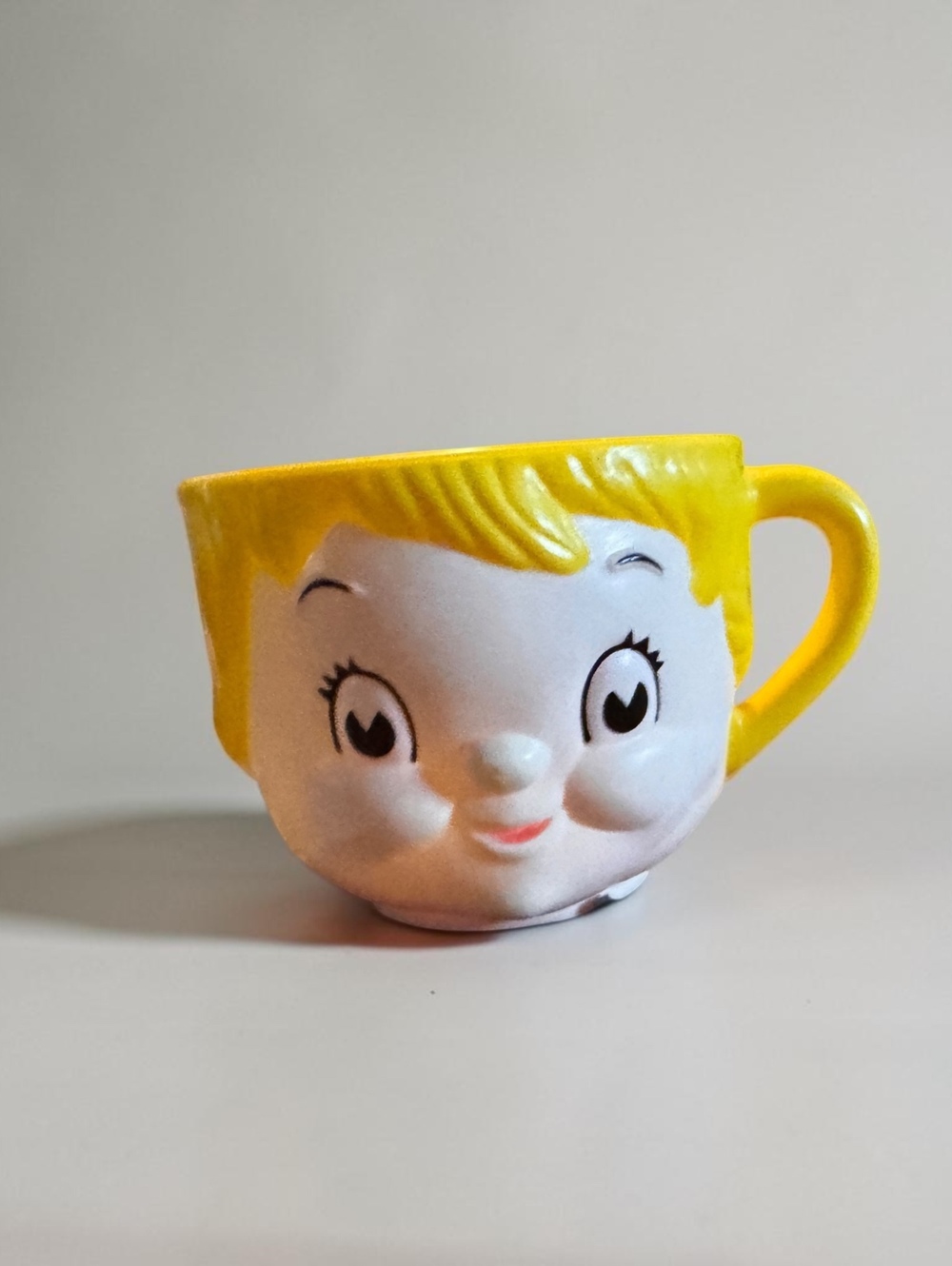 Vintage Child Face Cup Yellow Hair Figural Plastic Mug Kitsch Retro Character